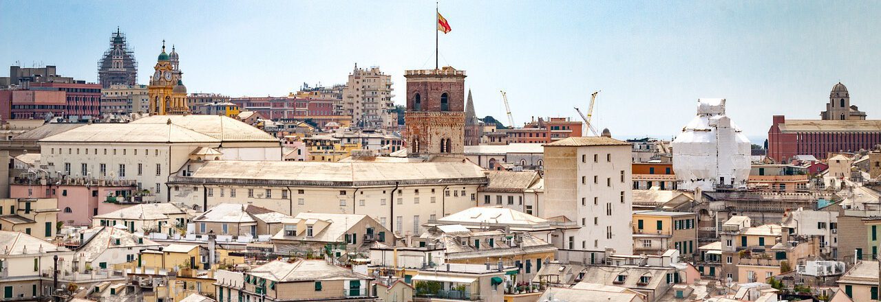 Panoramica della città di Genova con il porto, i tetti storici e il mare sullo sfondo. Graphic elaboration.