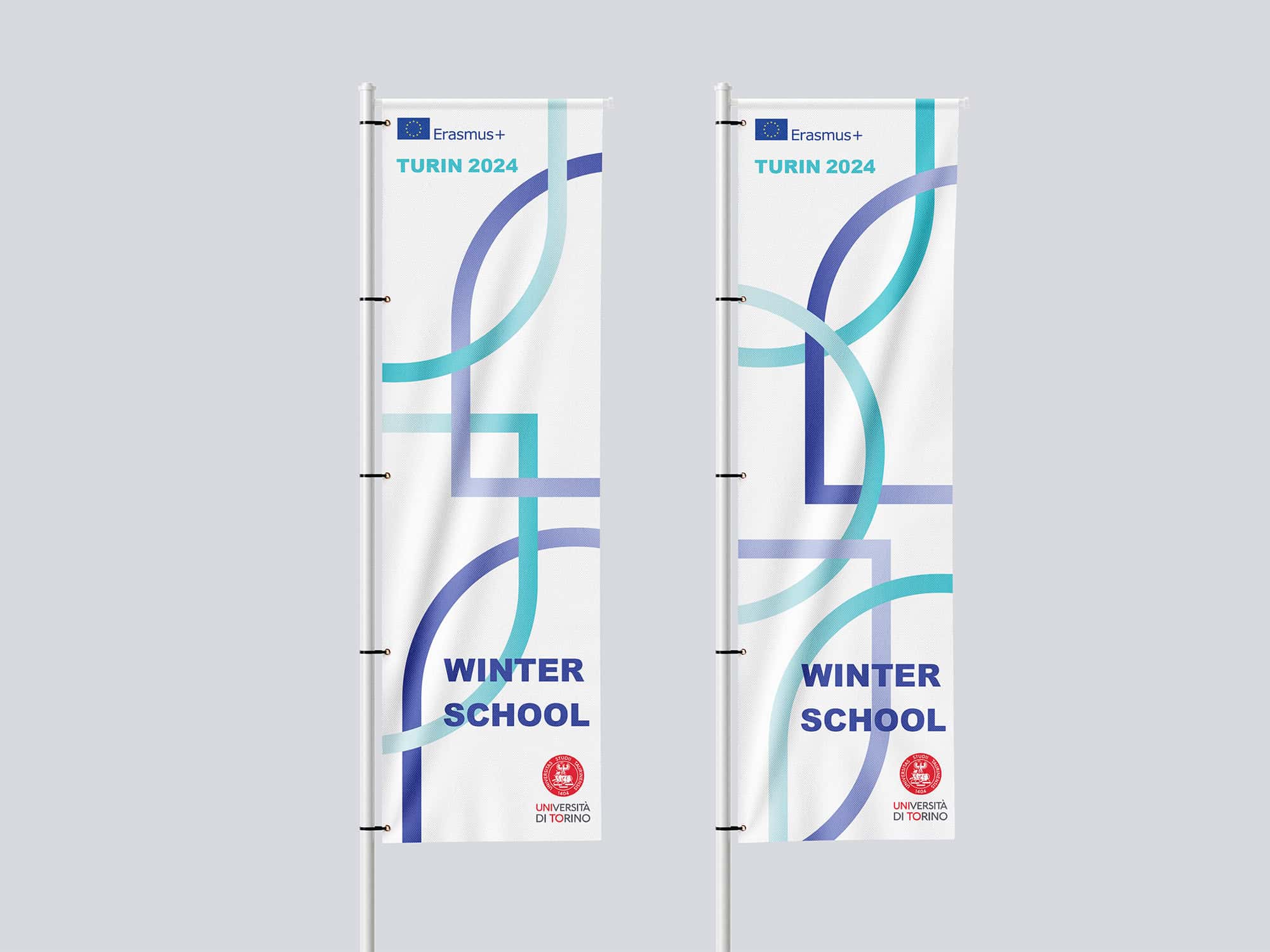 Bandiere promozionali Winter School Erasmus+ Torino 2024 con logo Università di Torino e grafiche geometriche azzurro e blu.