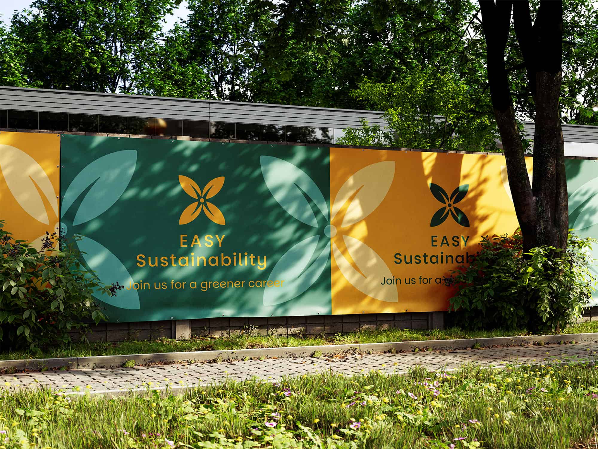 Cartelloni pubblicitari Easy Sustainability in città con logo floreale e slogan Join us for a greener career.