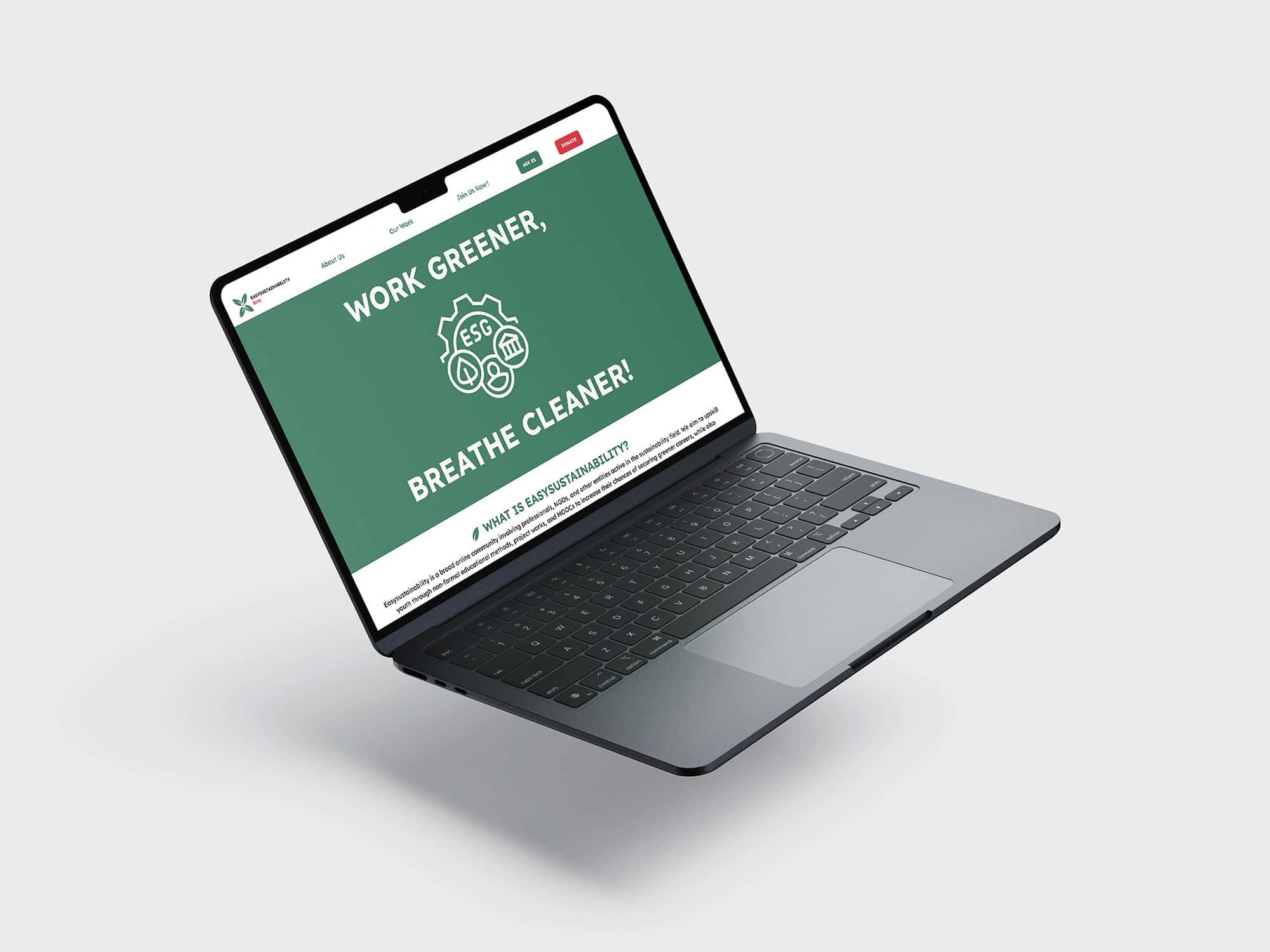 Mockup sito web Easy Sustainability con slogan Work Greener, Breathe Cleaner e informazioni ESG.